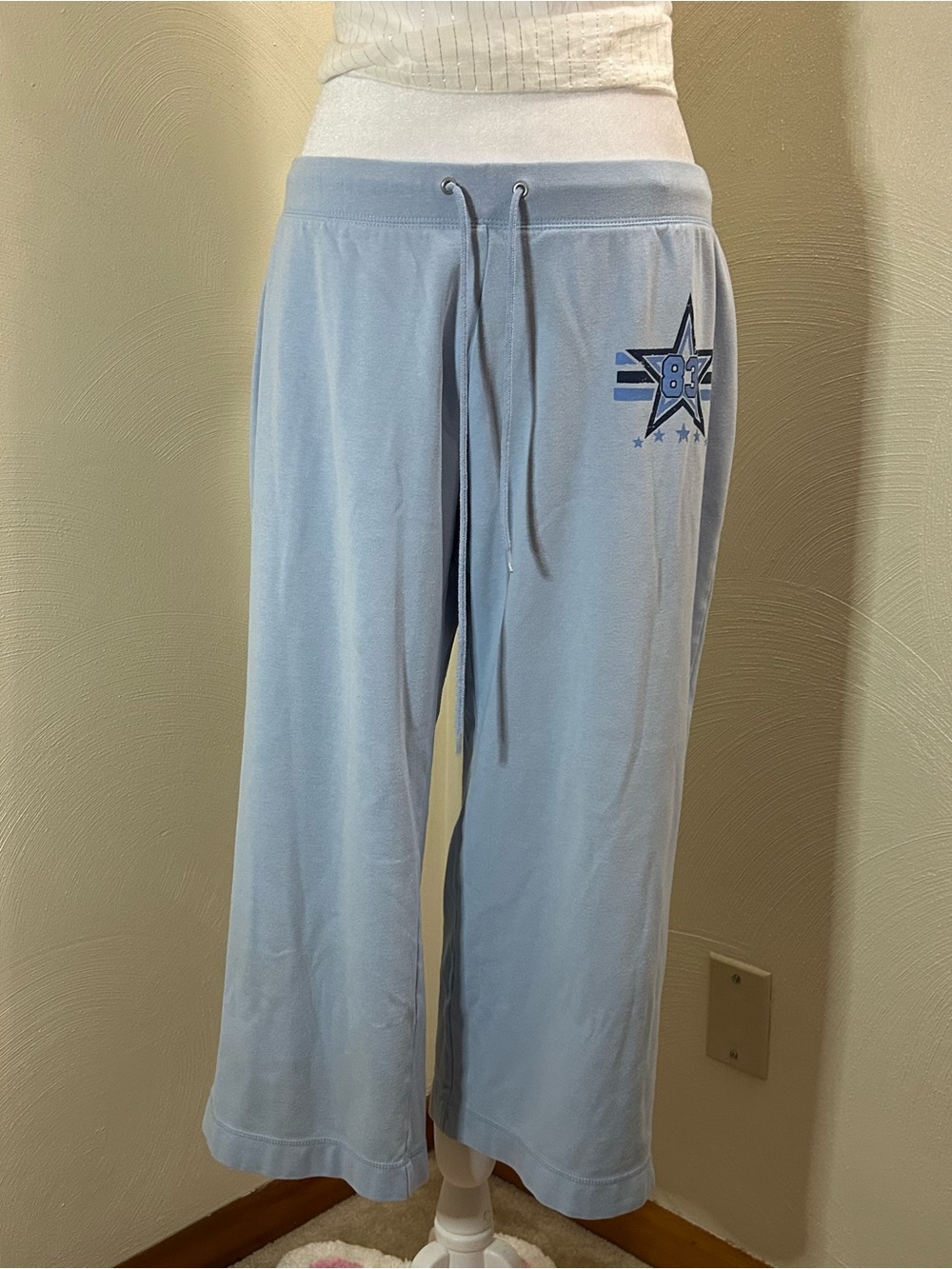 Fashion Bug y2k light blue capri sweatpants with drawstring waist and star logo